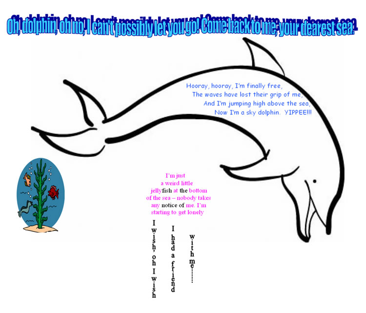 A shape poem featuring a dolphin and a jelly fish