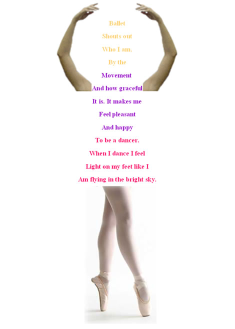 A shape poem in the shape of a ballet dancer which combines poetry and photographic elements.